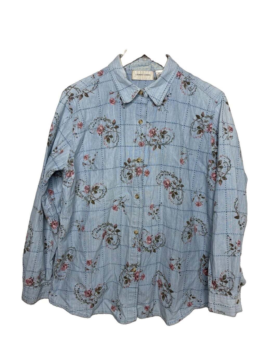 Vintage 90s LemonGrass Chambray Roses Floral GrannyCore 100% cotton Shirt Large